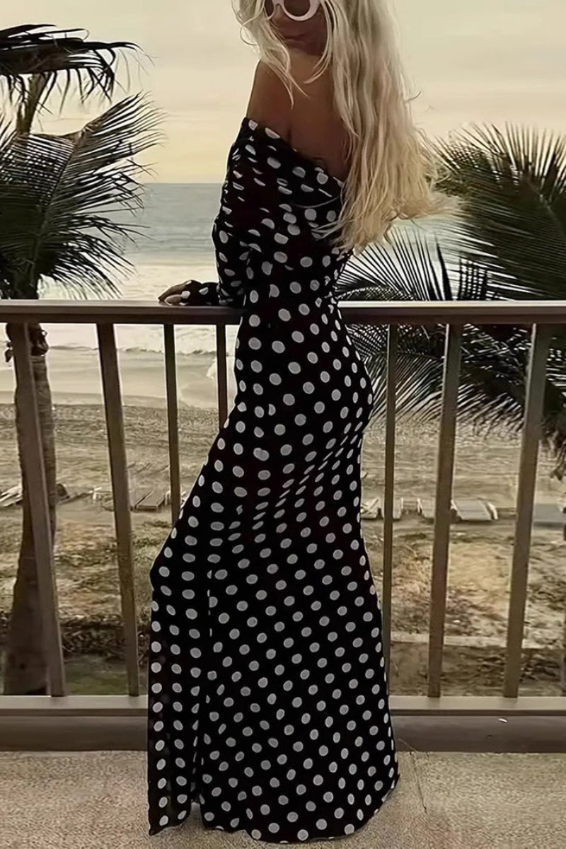 Off Shoulder Mesh Polka Dot Maxi Dress - View 5