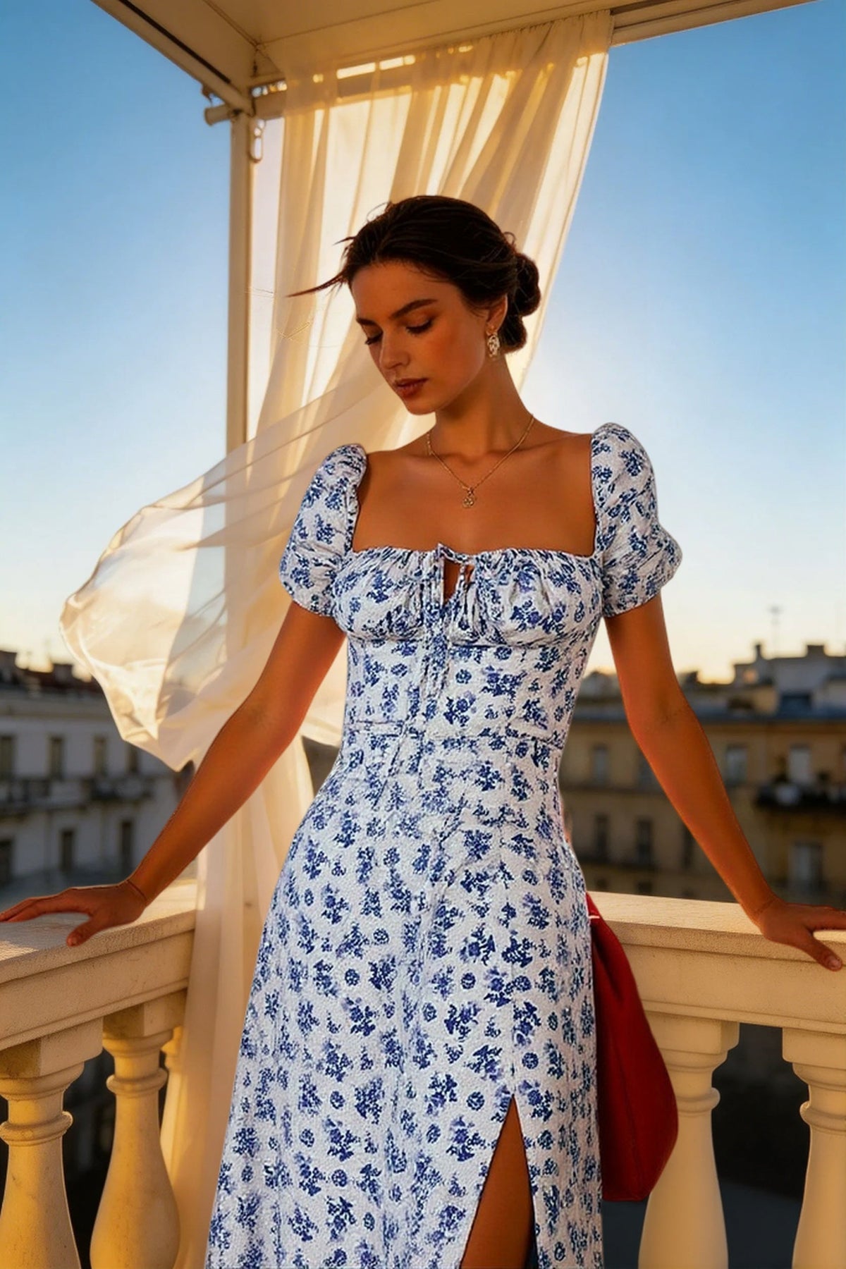 Floral Square Neck Puff Sleeve Tie Front High Split Maxi Dress 2