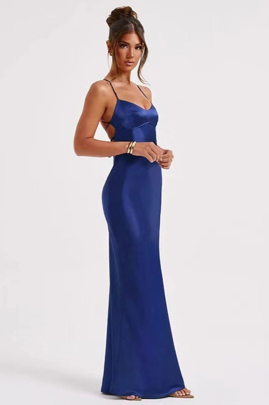 Satin Scoop Neck Spaghetti Strap Lace Up Back Bias Cut Slip Maxi Dress - View 7