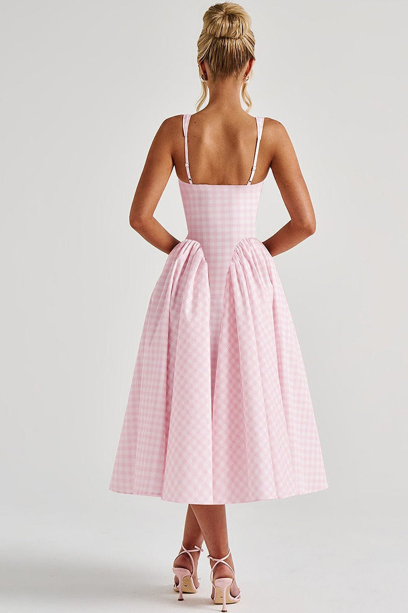 Plaid Square Neck Sleeveless Fit and Flare Midi Dress - View 3