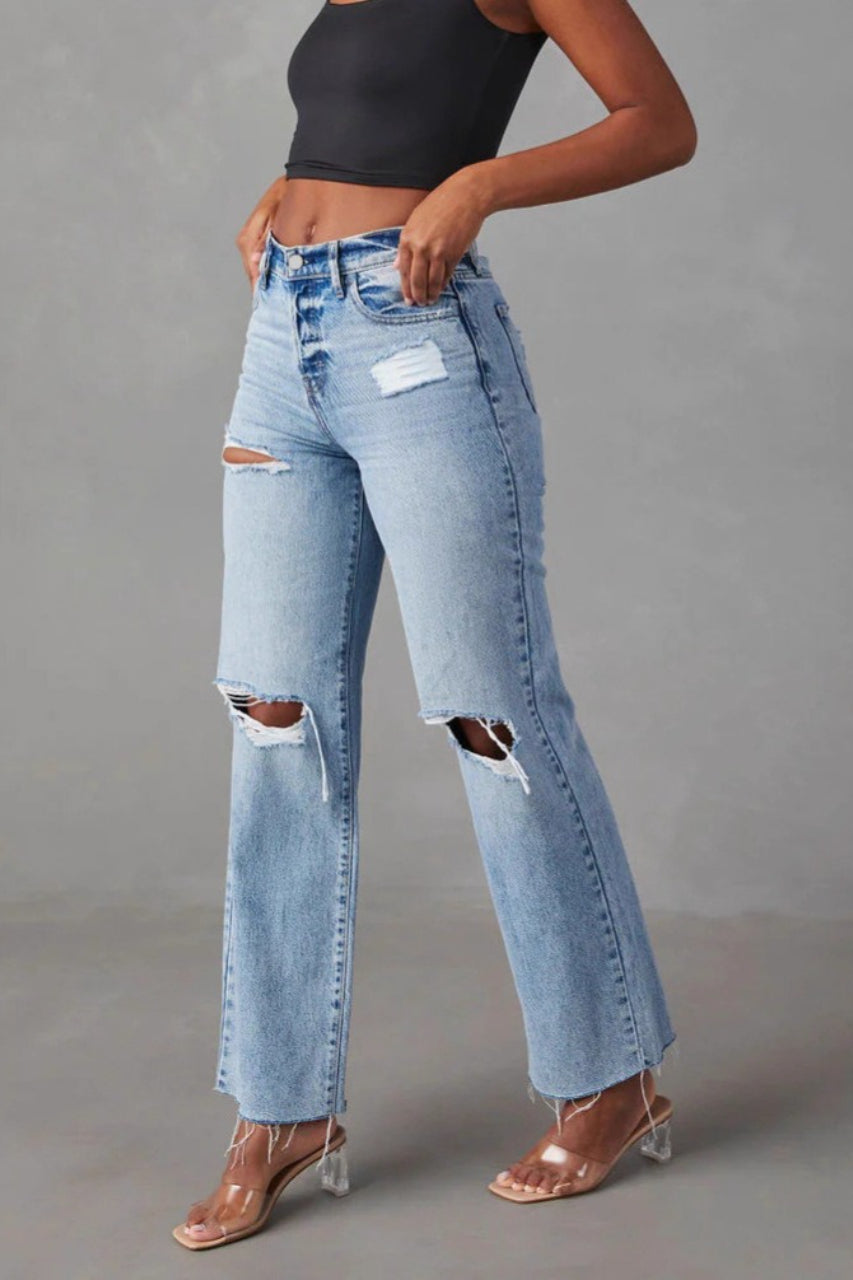 Vintage Washed Distressed Straight-Leg Denim Jeans