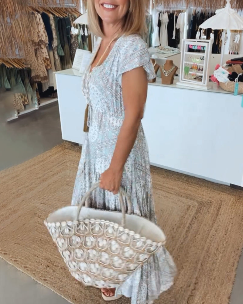 V-Neck Flutter Sleeve Buttoned Tiered Boho Maxi Dress - View 4