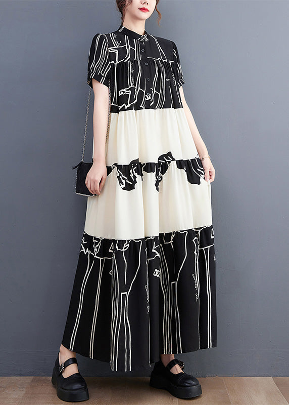 Graphic Print Tiered Mandarin Collar Short Sleeve Maxi Dress