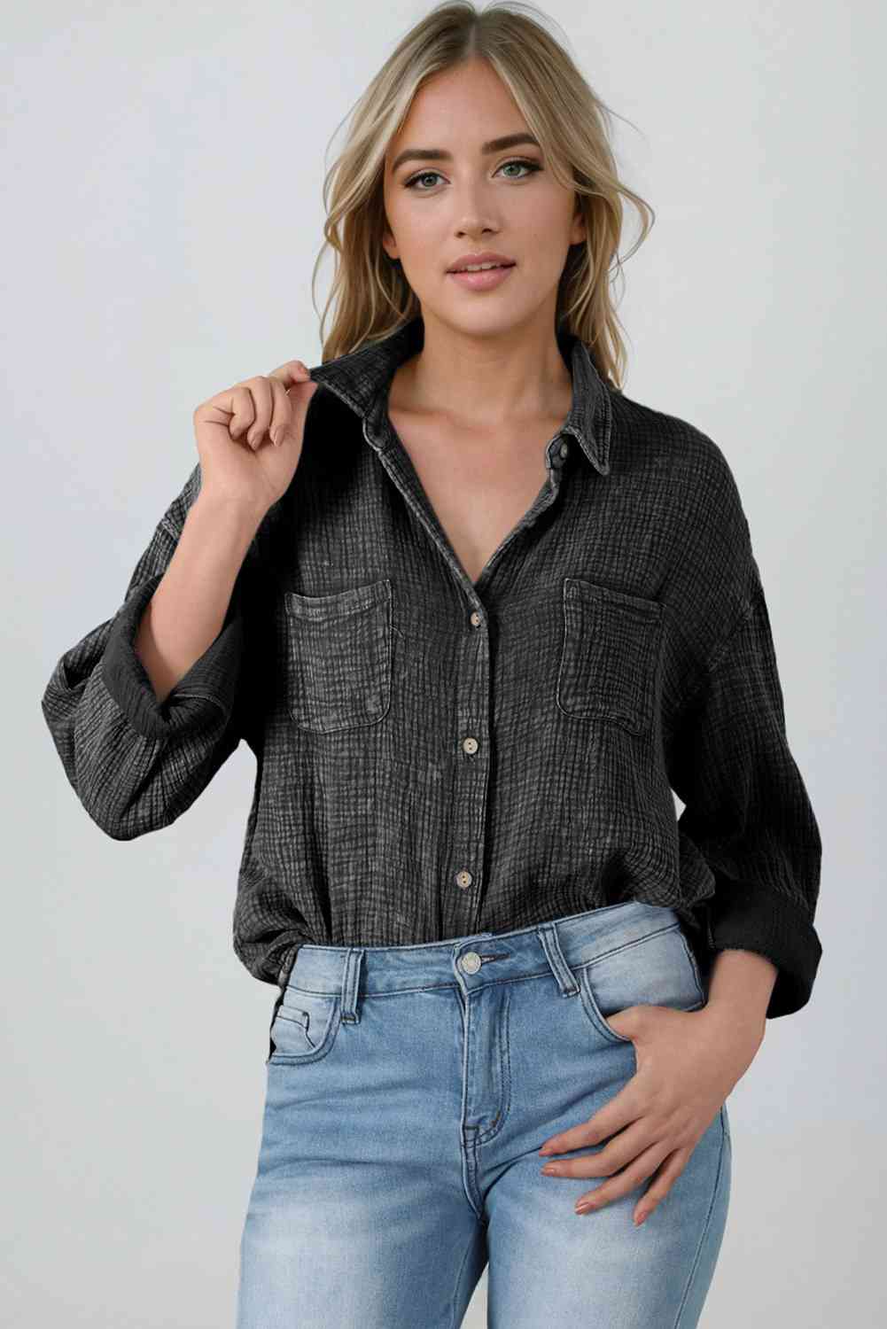 Textured Button Down Shirt Black button down shirt clothes Ship From Overseas shirt SYNZ top