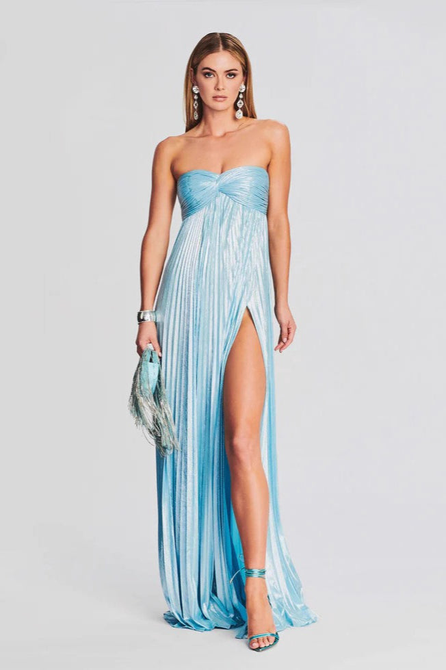 Pleated Strapless Sweetheart Twist Front High Split Maxi Gown - View 5