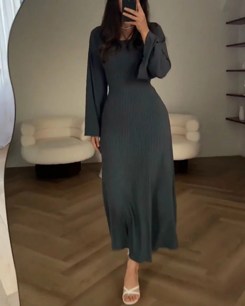 Rib Knit Square Neck Long Sleeve Bell Cuff Bodycon Maxi Dress - View 5