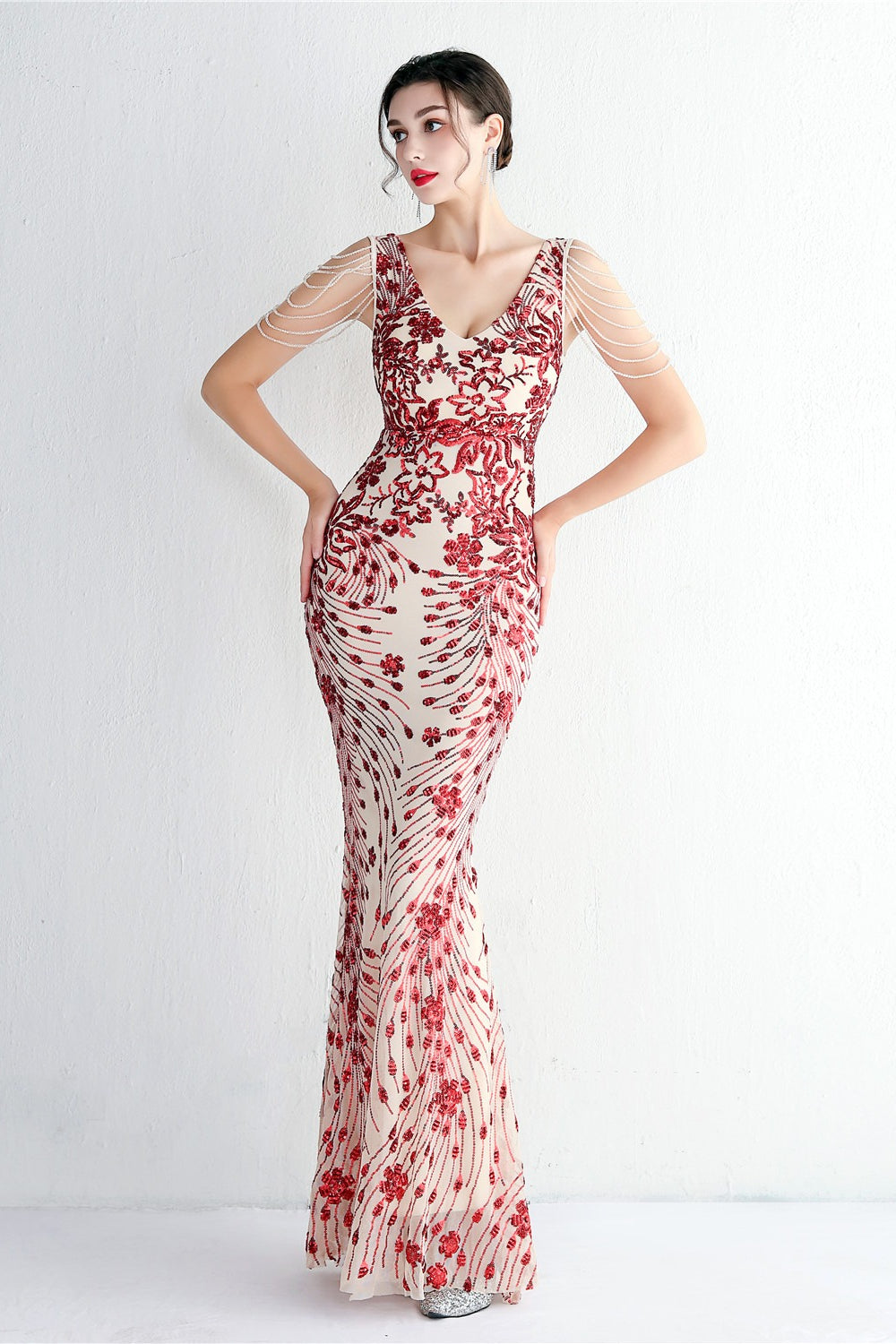 Sequin V-Neck Beaded Fringe Sleeve Mermaid Evening Gown - View 4