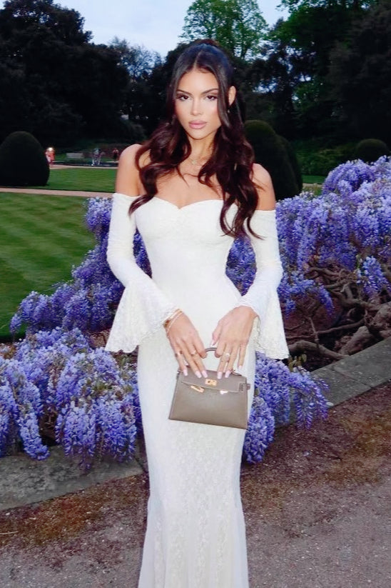 Lace Off Shoulder Bell Sleeve Sweetheart Mermaid Gown - View 4
