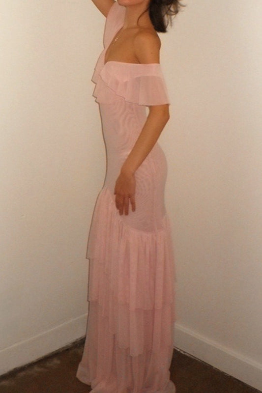 One Shoulder Ruffle High Split Tiered Maxi Dress - View 4