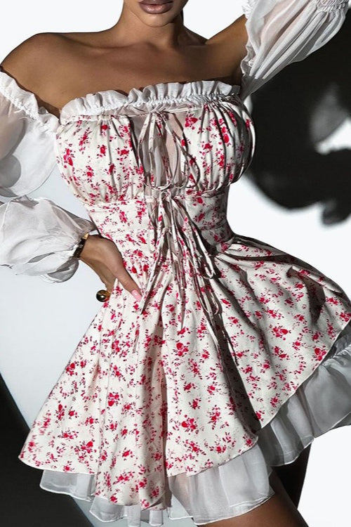 Off Shoulder Puff Sleeve Floral Print Fit and Flare Mini Dress - View 2