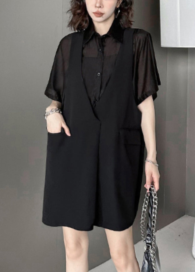 Faux Two-Piece Sheer Button Front Shirt Sleeveless Midi Dress - View 4