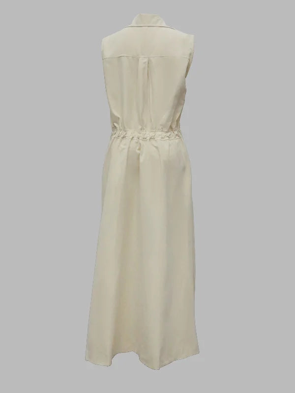 Stand Collar Deep V-Neck Sleeveless Pocket A-Line Midi Dress - View 2