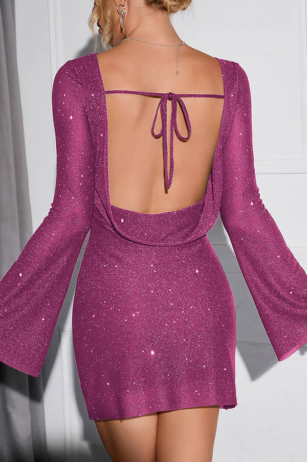 Sequin Boat Neck Flare Sleeve Bodycon Mini Dress - View 16