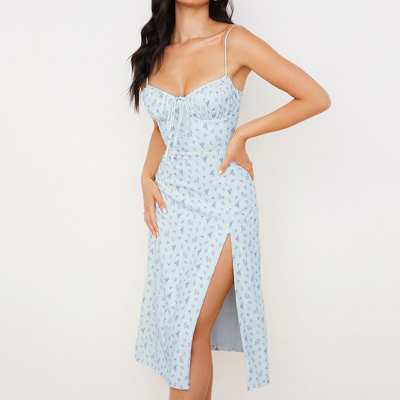 Floral Spaghetti Strap Sweetheart High Split Midi Summer Dress - View 4