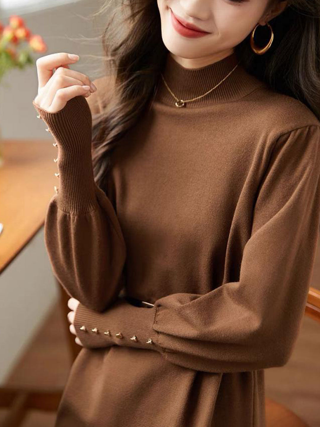 Knit Mock Neck Puff Sleeve Button Cuff Midi Dress - View 4