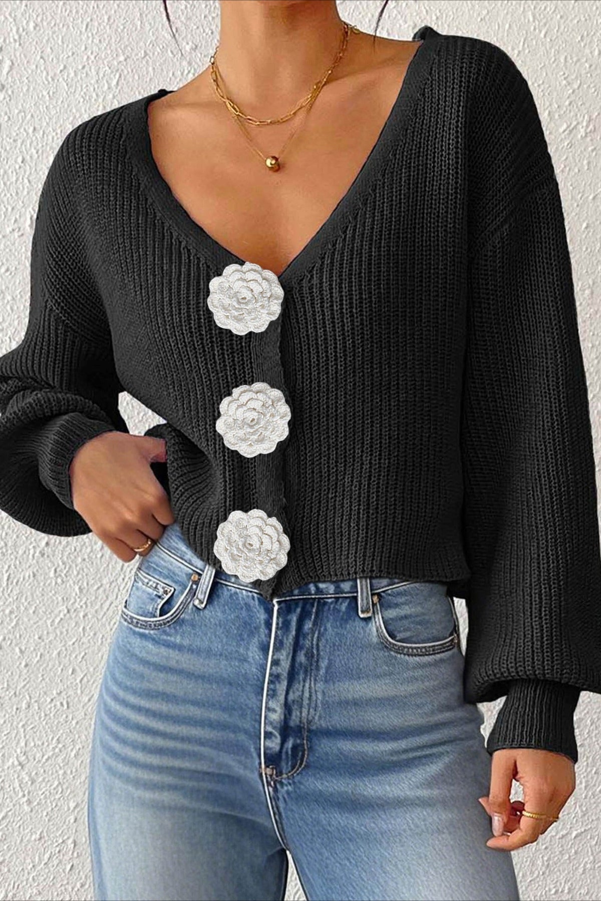 Button Front Crochet Knit Crop Sweater Black / S
