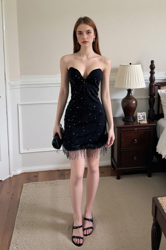 Glitter Strapless Feather Trim Bodycon Mini Dress - View 5