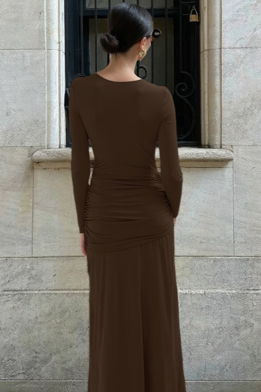 Mock Neck Long Sleeve Ruched Cut Out High Split Maxi Dress 8