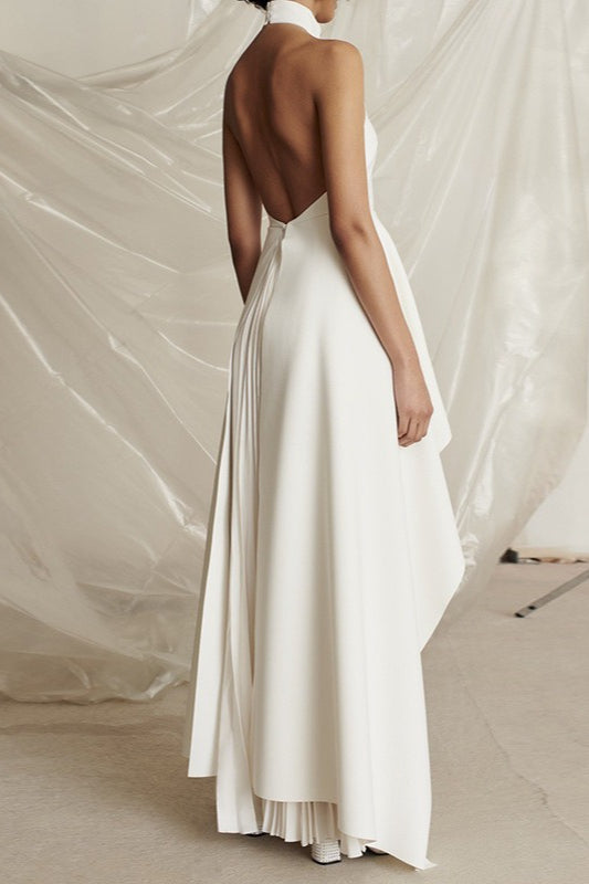 Halter Neck Sleeveless Asymmetric Draped Pleated Maxi Dress - View 4