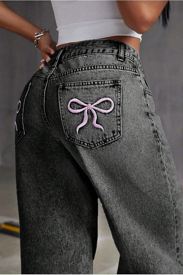 High-Waist Embroidered Wide-Leg Denim Jeans