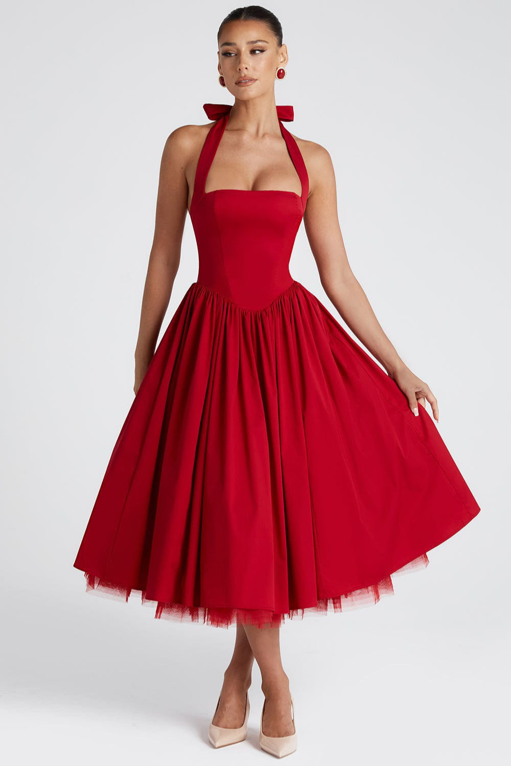 Halter Neck Basque Waist Pocket Gathered A-Line Midi Party Dress - View 10