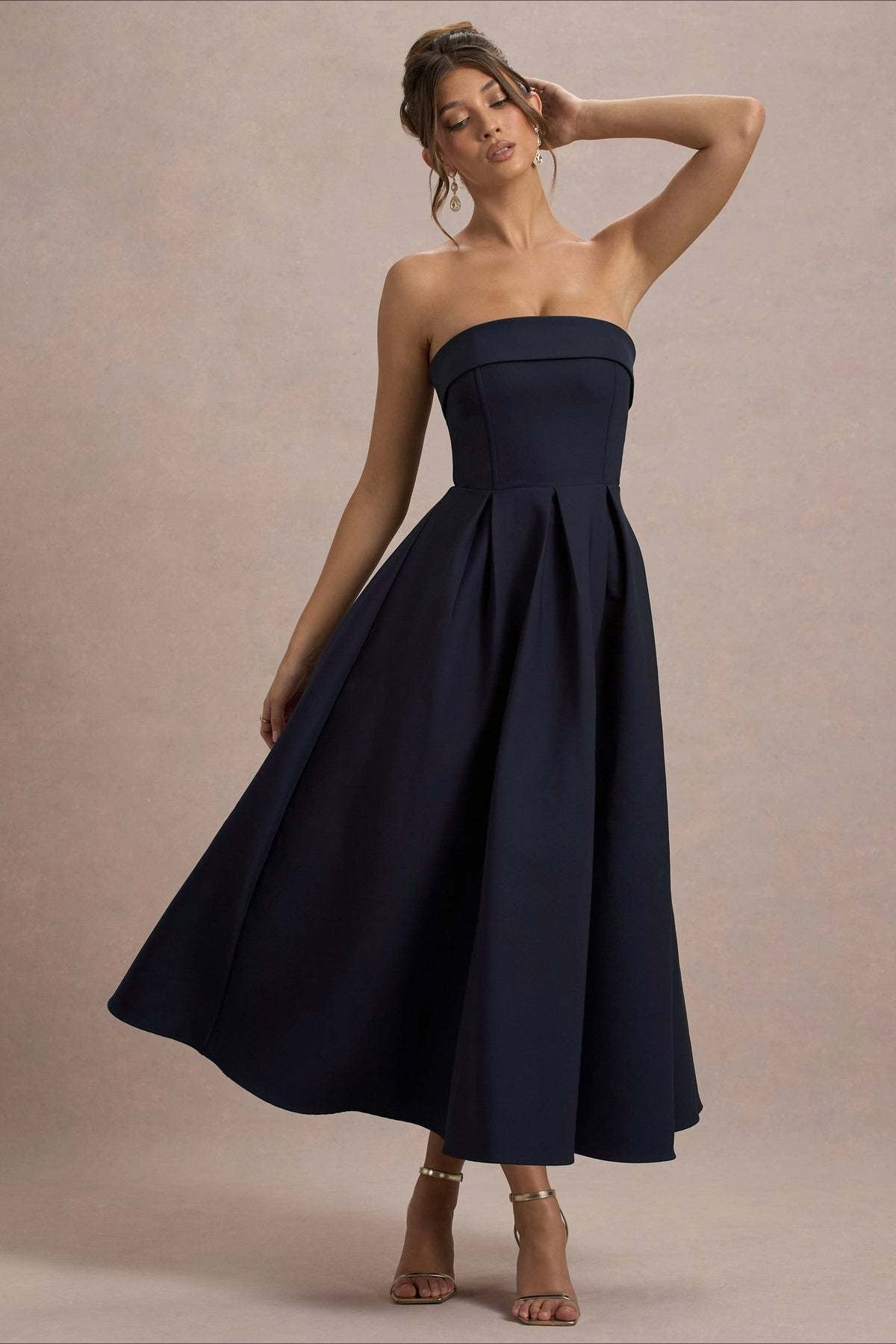 Strapless Fold Over Neck Box Pleat A-Line Midi Cocktail Dress - View 4
