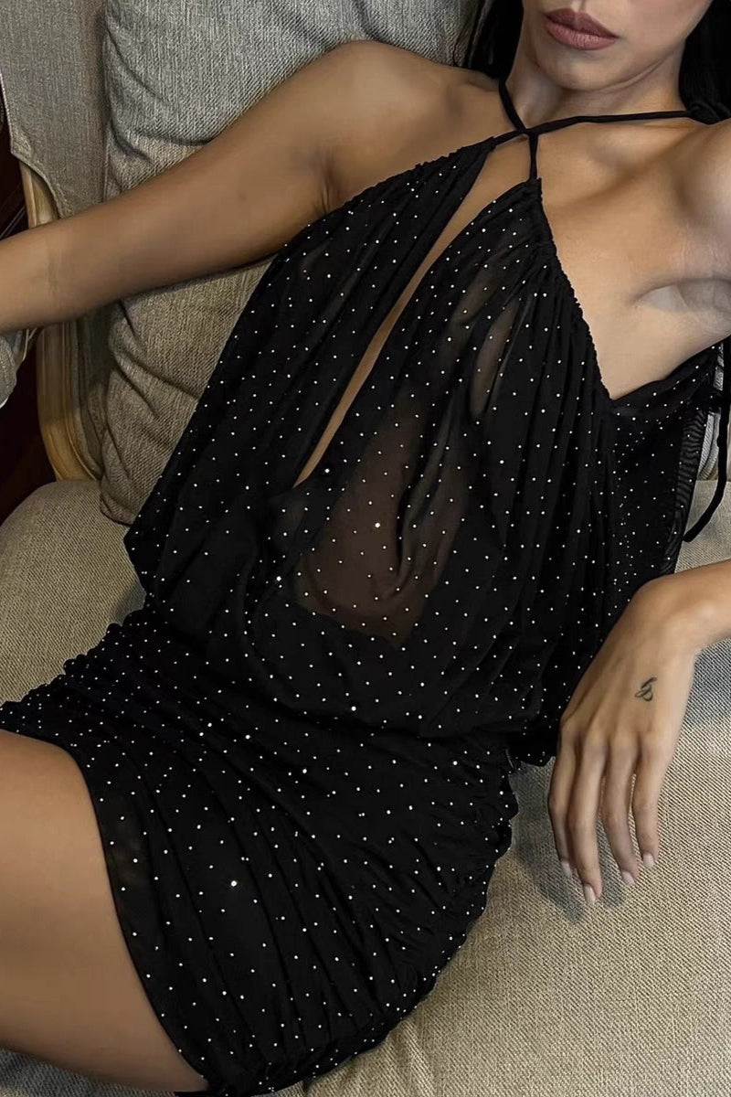 Rhinestone Halter Neck Blouson Ruched Mini Dress - View 6