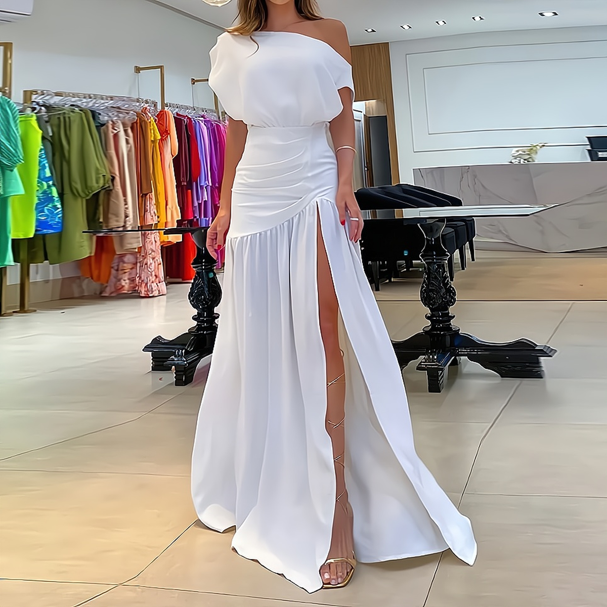 One Shoulder Draped Ruched High Split Maxi Gown