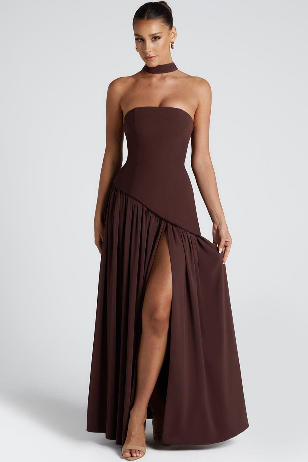 Strapless Bustier Scarf Neck High Split Maxi Dress - View 7