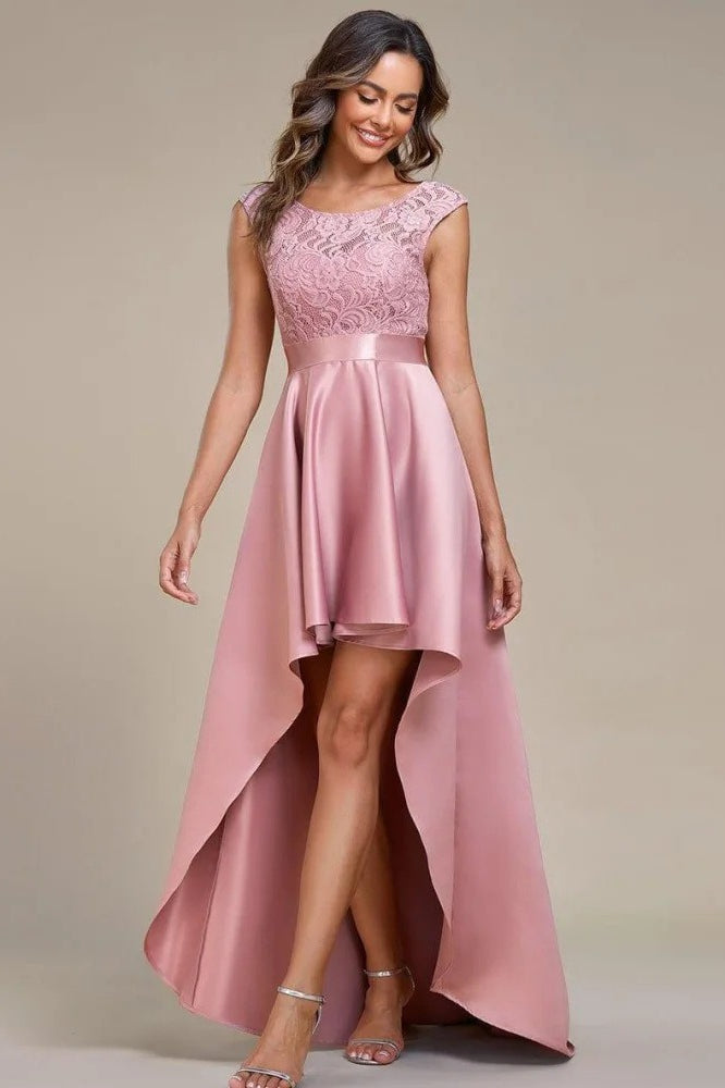 Lace Scoop Neck Cap Sleeve Satin High Low Dress