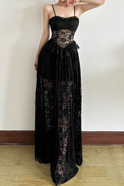 Sleeveless Ruffled Waist Maxi Lace Dress