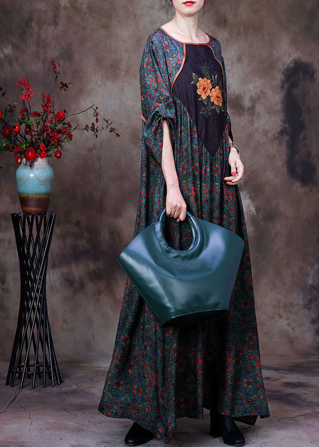 Patchwork Print Round Neck Elbow Sleeve Gathered Waist Boho Maxi Dress - View 3