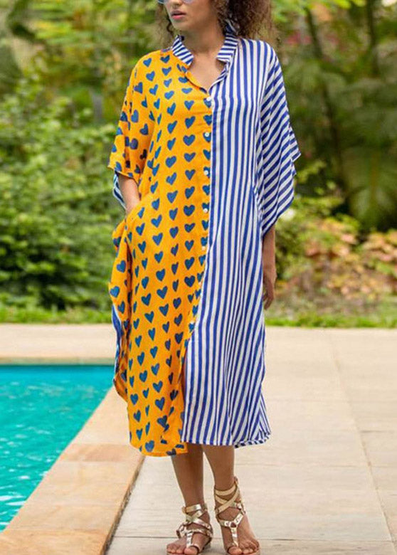 Split Print Button Down Kaftan Sleeve Midi Shirt Dress - View 2