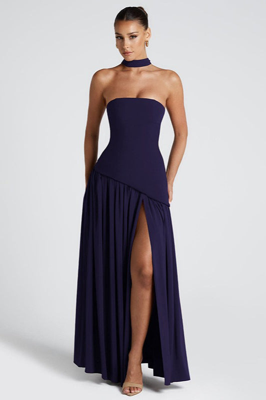 Strapless Choker Neck Asymmetric Flowy A-Line Maxi Prom Dress - View 5