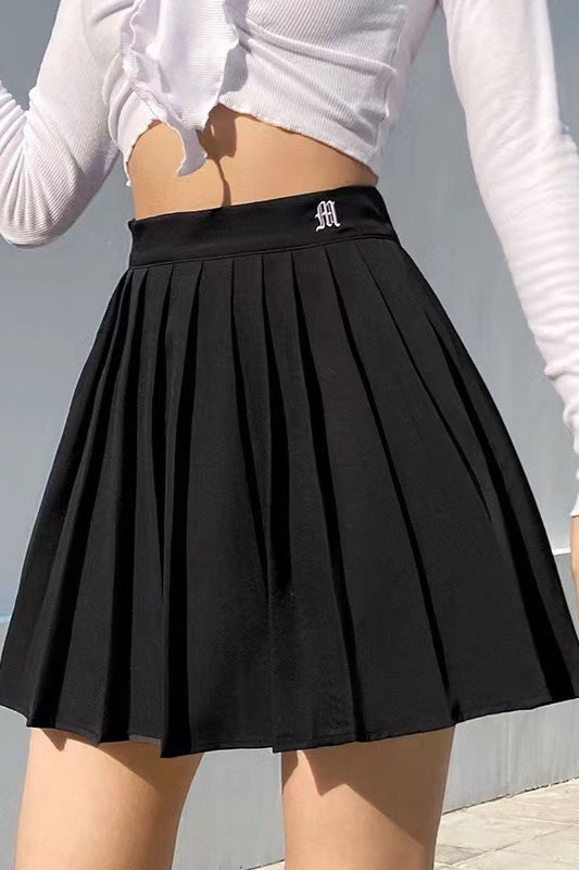 High-Waist Pleated Denim Mini Skort