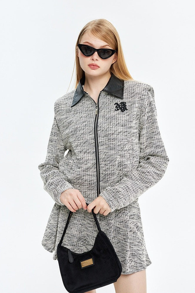 Loose Collared Jacket Pleated A Line Skirt Two Piece Set