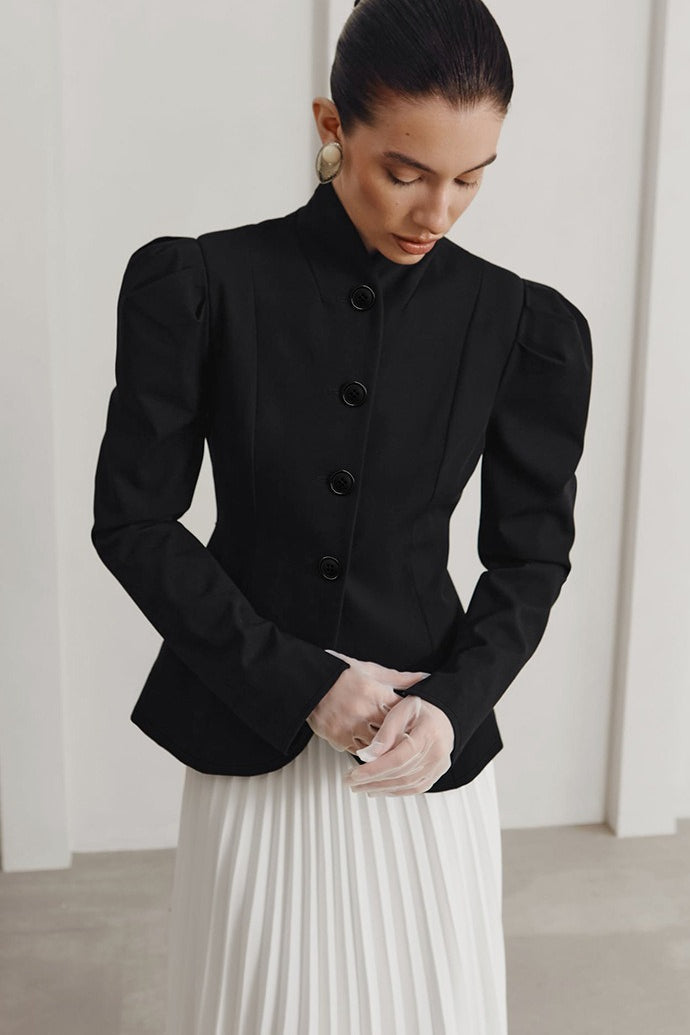 Black Mandarin Collar Puff Sleeve Blazer