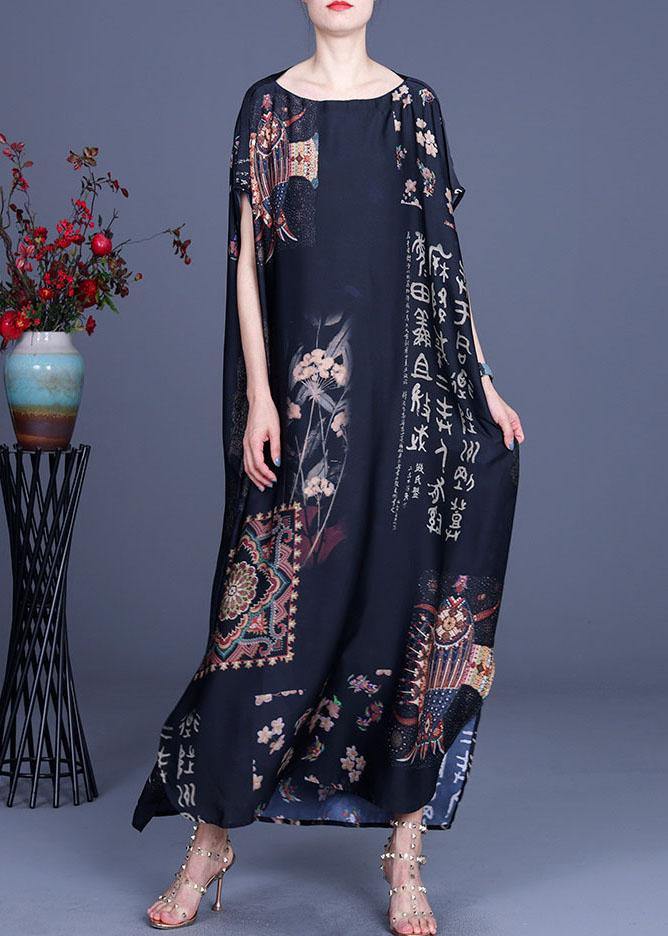 Floral Calligraphy Print Short Sleeve Kaftan Maxi Dress