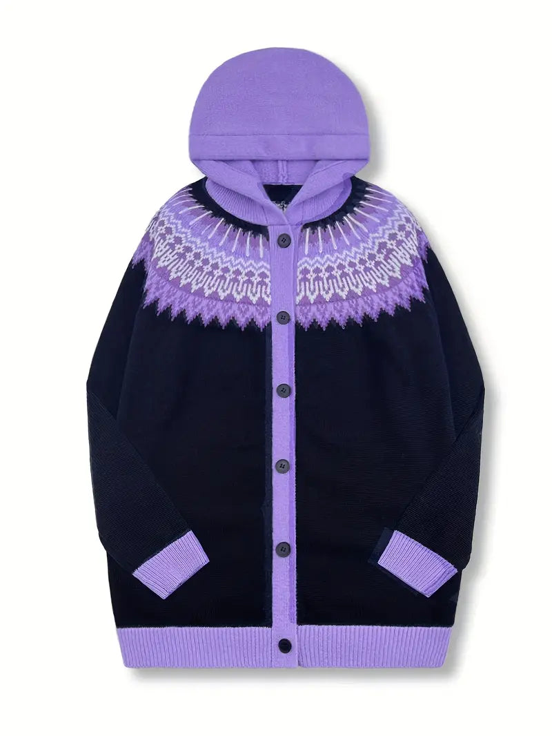 Hooded Button Front Fair Isle Knit Longline Cardigan 22