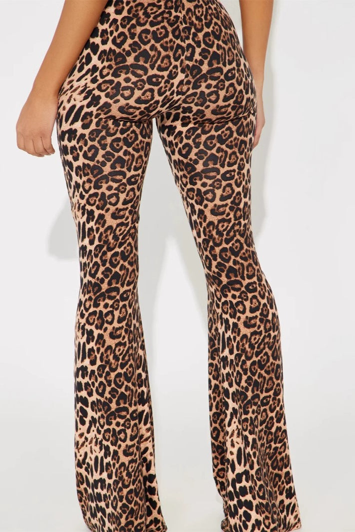 Leopard Print Lace Trim Mid Waist Slim Butt Lifting Pants