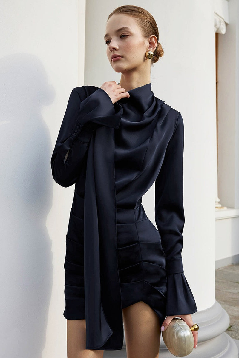 Satin Draped Neck Bell Sleeve Ruched Bandage Mini Dress