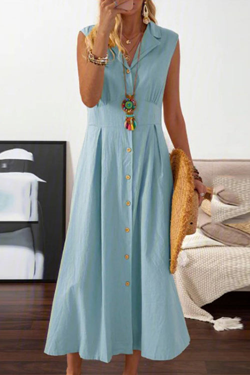 V-Neck Lapel Collar Sleeveless Button Front A-Line Midi Dress - View 2