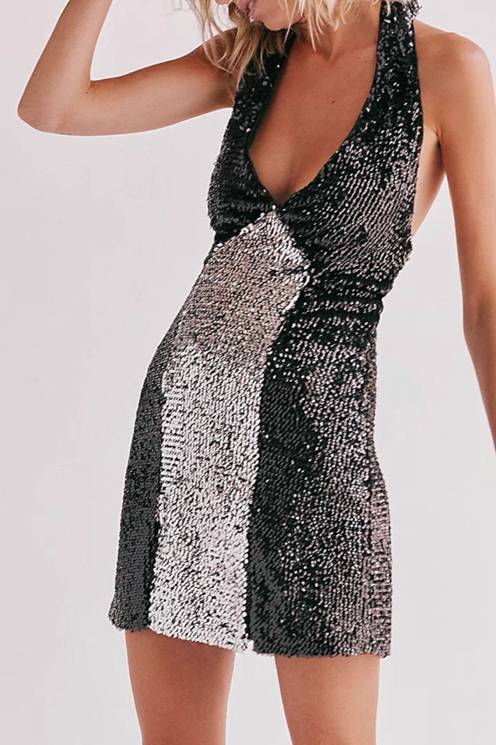 Sequin V-Neck Backless Midi Dress