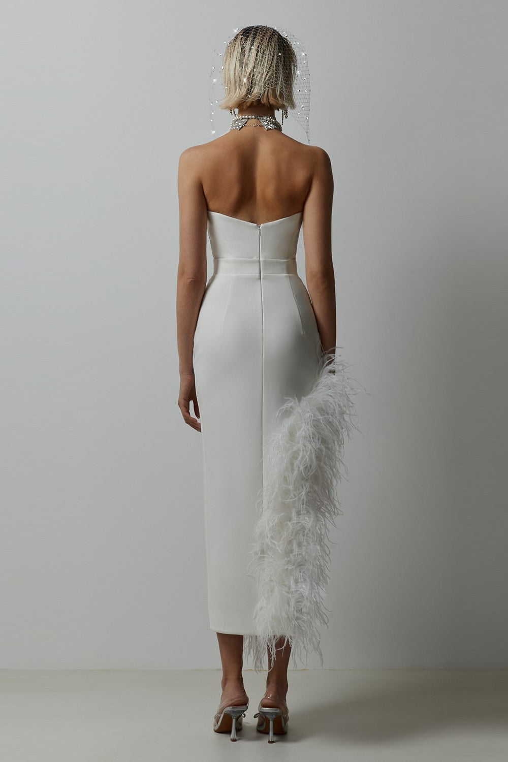 Strapless Feather Trim High Low Bodycon Midi Dress - View 2