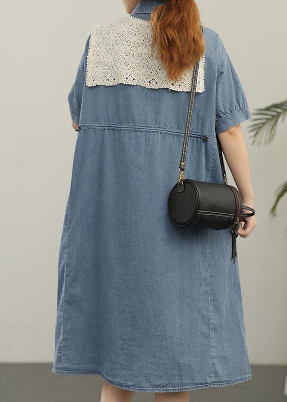 Crochet Lace Shawl Denim Button Front Tiered Midi Shirt Dress Set - View 3