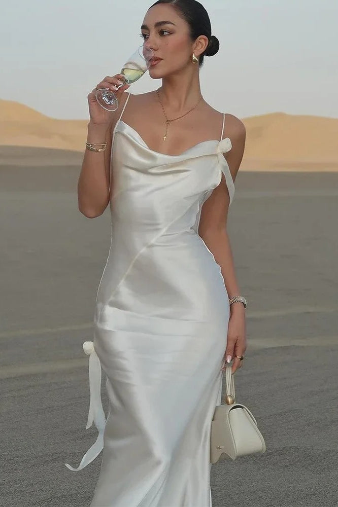 Elegant White Satin Backless Maxi Dress - View 2