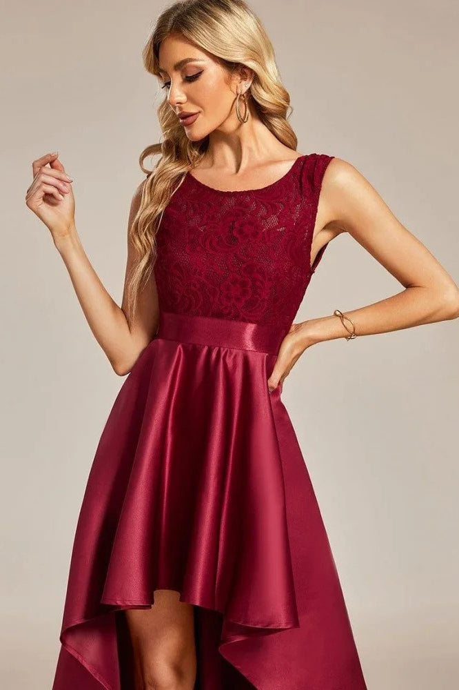 Lace Scoop Neck Cap Sleeve Satin High Low Dress - View 5