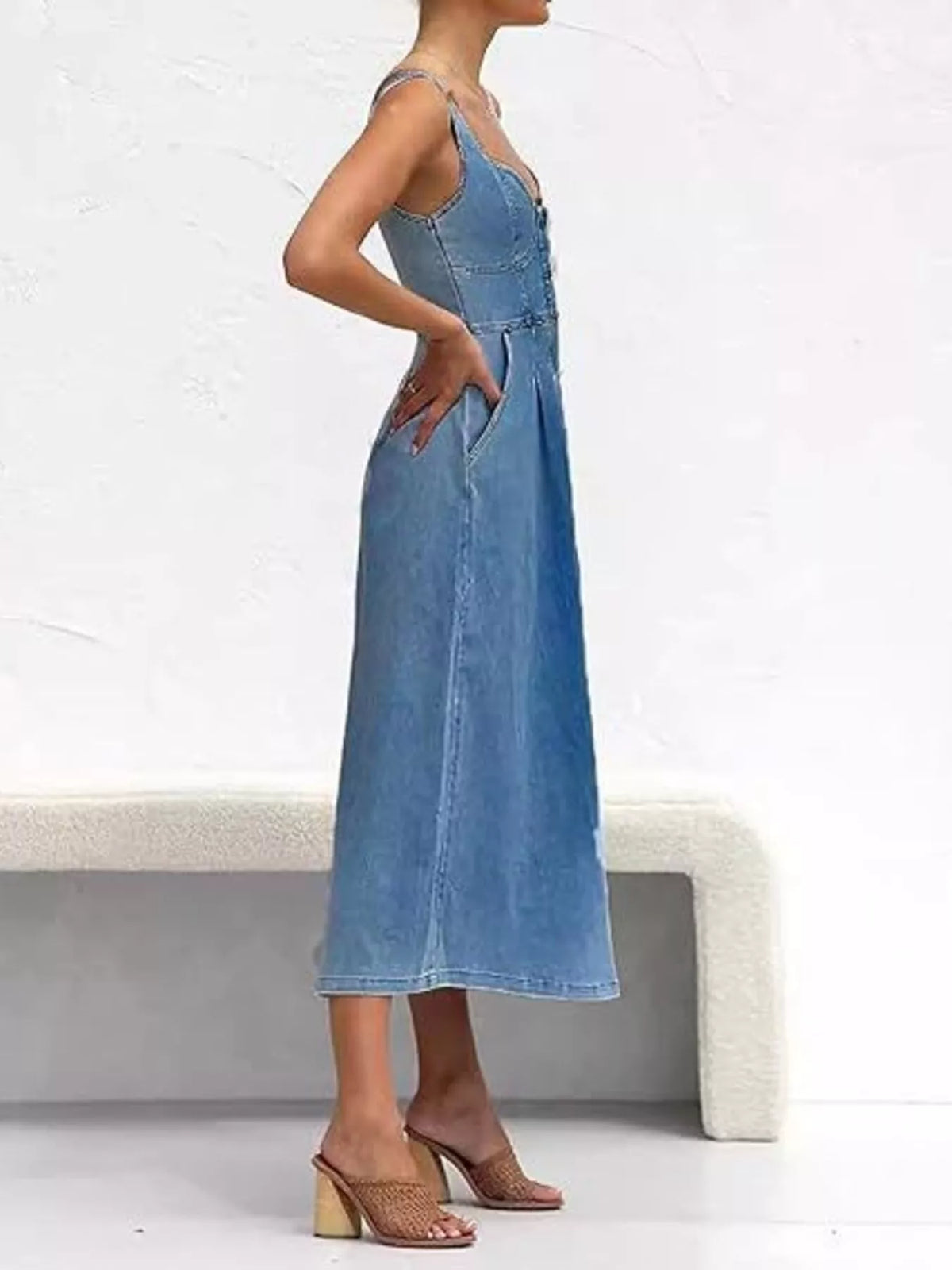 Sweetheart Neck Button Front Denim Look Midi Dress 5