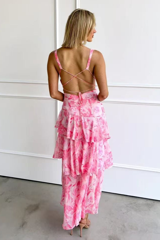 Floral Deep V-Neck Sleeveless Tiered Ruffle Chiffon Maxi Dress - View 5