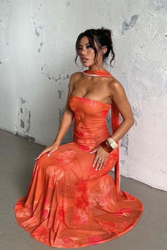 Sexy Strapless Mesh Tie Detail Maxi Floral Dress - View 3